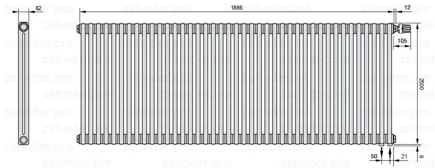 Схема (чертеж) Радиатор Zehnder Charleston 2250/41 №V002 Белый глянцевый RAL 9016